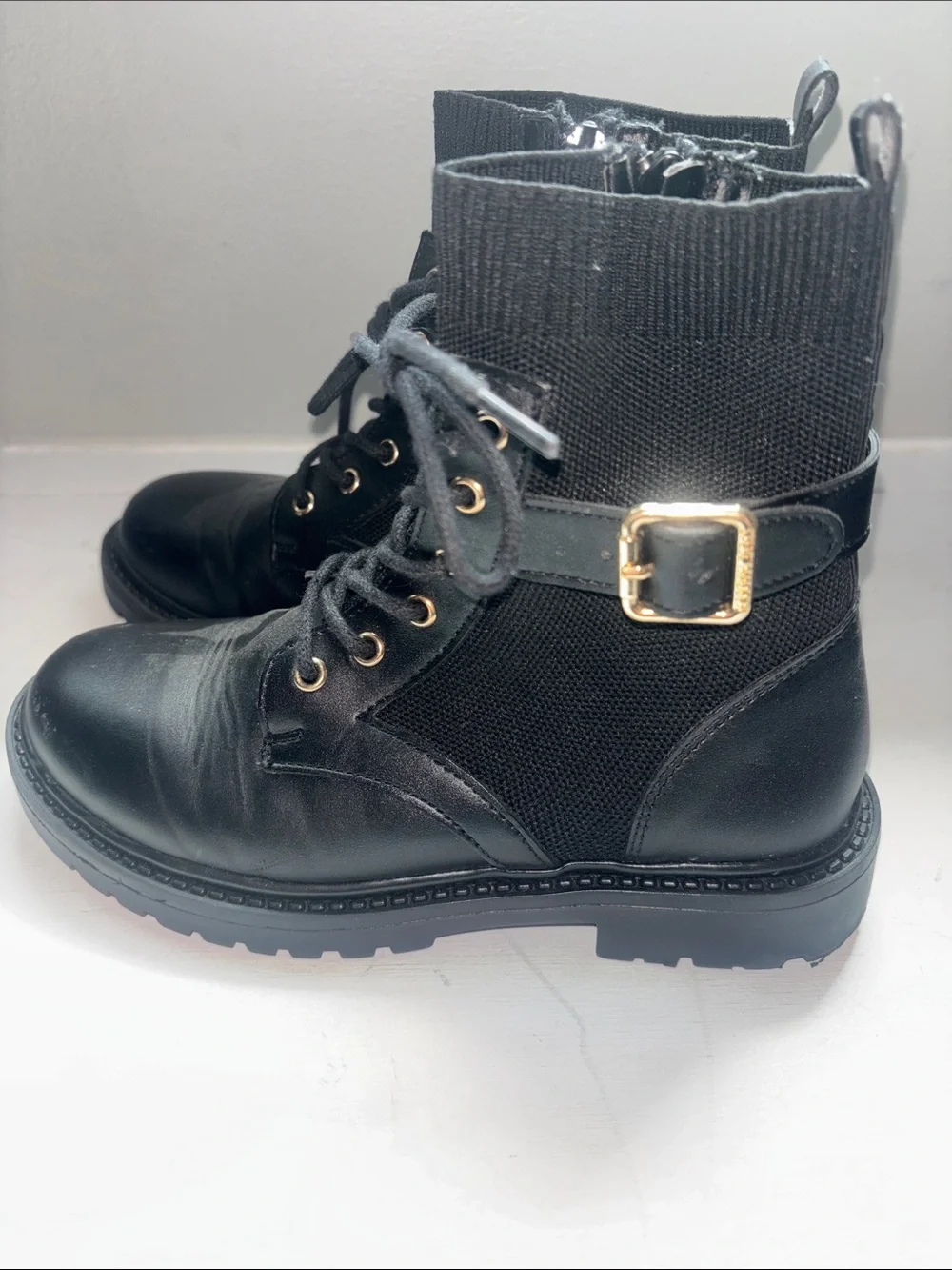 Steve Madden Black Lace-Up Combat Boot with Gold Buckle